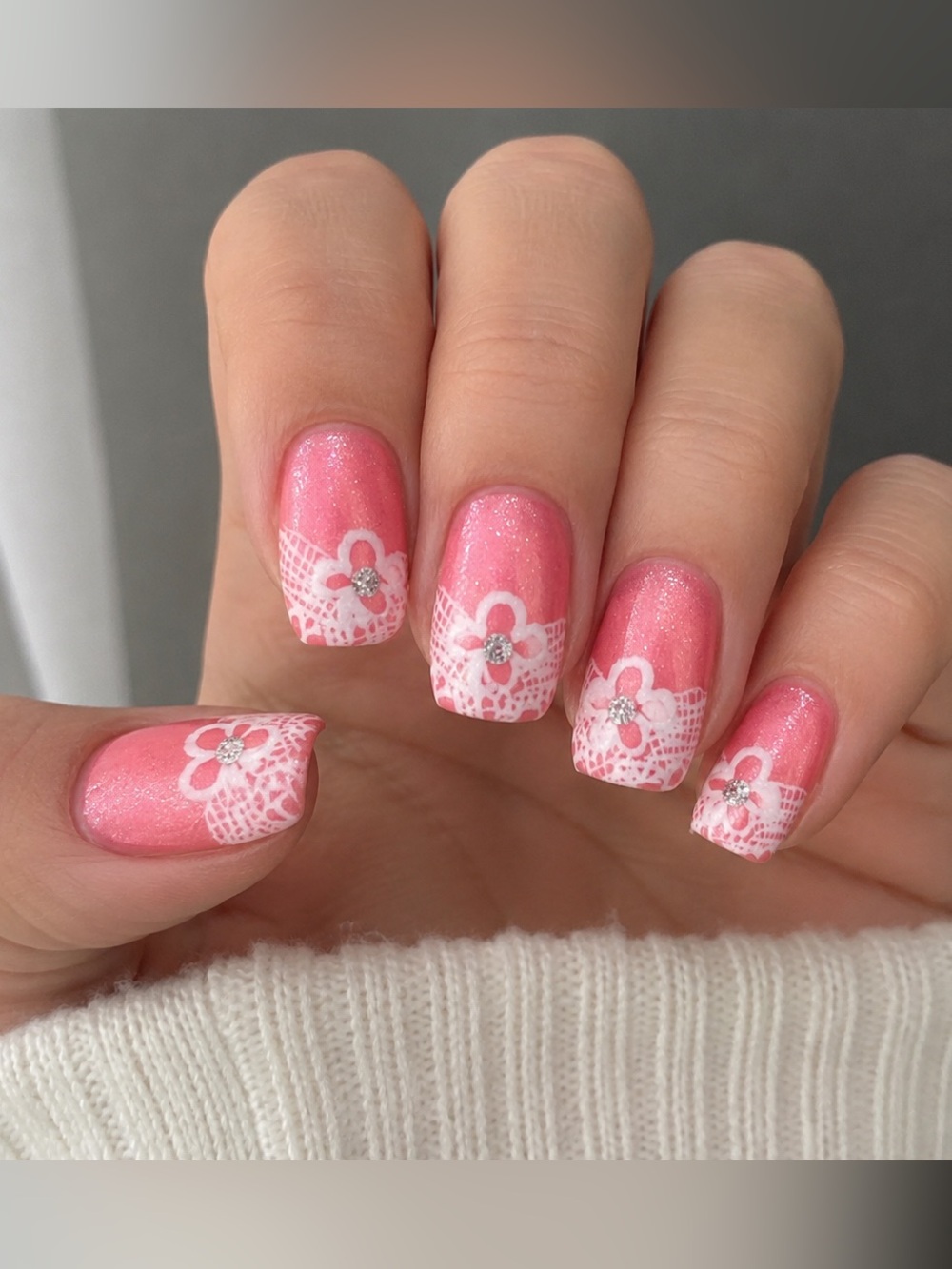 KISS the Collection Pink Shimmer Floral Rhinestone Nails